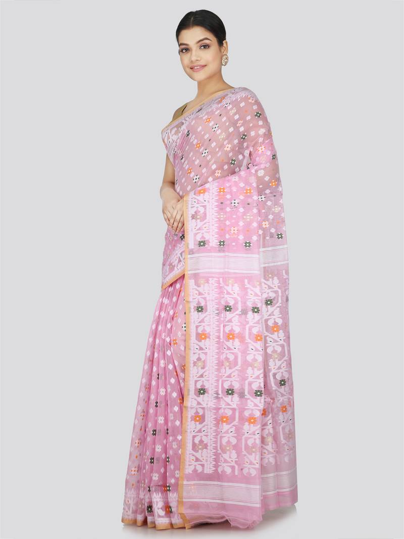 Pinkloom Women'S Pink Hand_Woven Soft Cotton Jamdani-Sarees Without Blouse Piece