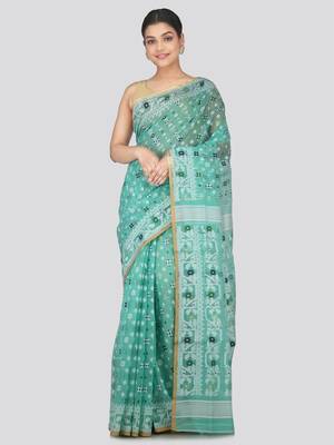 Pinkloom Women'S Green Hand_Woven Soft Cotton Jamdani-Sarees Without Blouse Piece 1