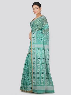 Pinkloom Women'S Green Hand_Woven Soft Cotton Jamdani-Sarees Without Blouse Piece 2
