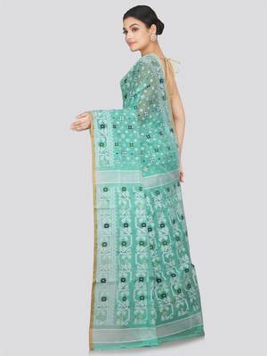 Pinkloom Women'S Green Hand_Woven Soft Cotton Jamdani-Sarees Without Blouse Piece 3