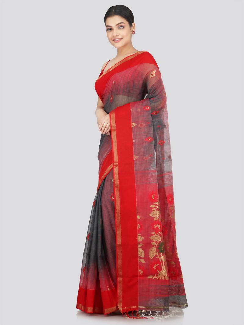 PinkLoom Women's  Black Hand_Woven Cotton-Silk-Sarees With Unstitched Blouse Piece