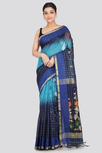 PinkLoom Women's  Blue Hand_Woven Cotton-Silk-Sarees With Unstitched Blouse Piece
