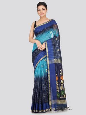 PinkLoom Women's  Blue Hand_Woven Cotton-Silk-Sarees With Unstitched Blouse Piece 1