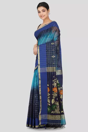 PinkLoom Women's  Blue Hand_Woven Cotton-Silk-Sarees With Unstitched Blouse Piece