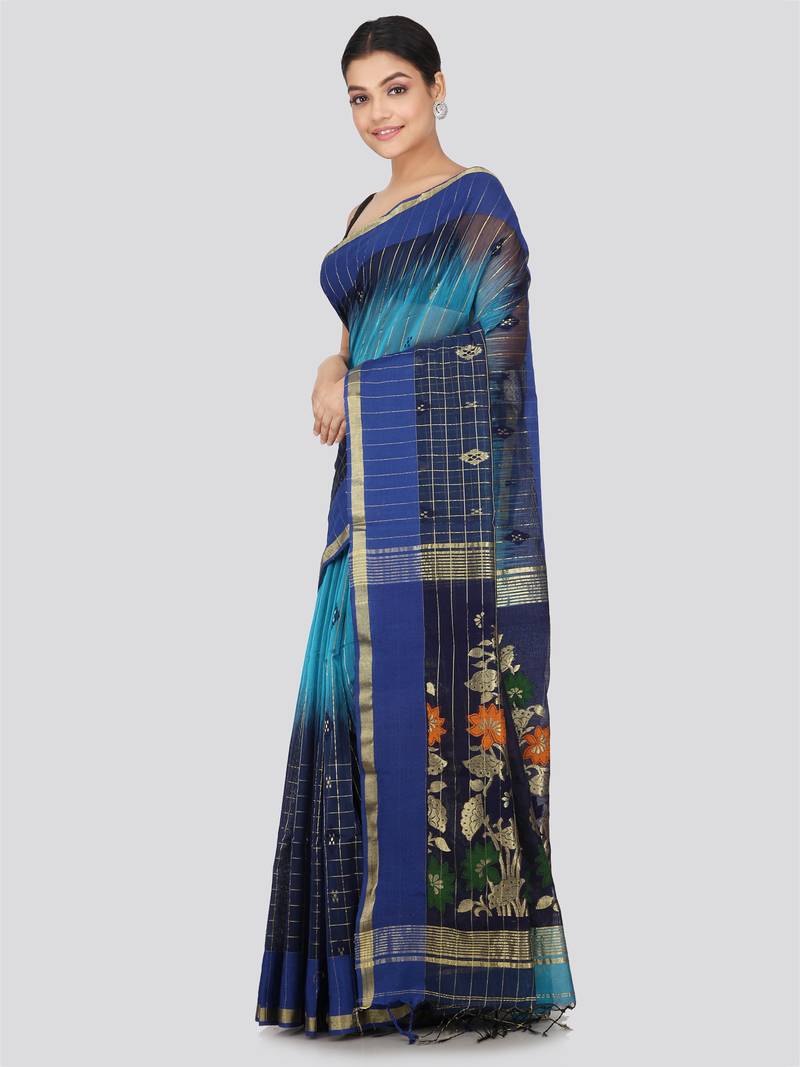 PinkLoom Women's  Blue Hand_Woven Cotton-Silk-Sarees With Unstitched Blouse Piece