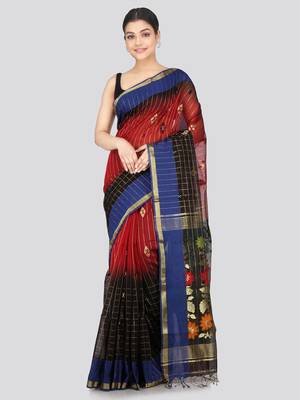 PinkLoom Women's  Red Hand_Woven Cotton-Silk-Sarees With Unstitched Blouse Piece 1