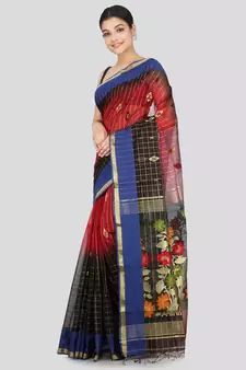PinkLoom Women's  Red Hand_Woven Cotton-Silk-Sarees With Unstitched Blouse Piece