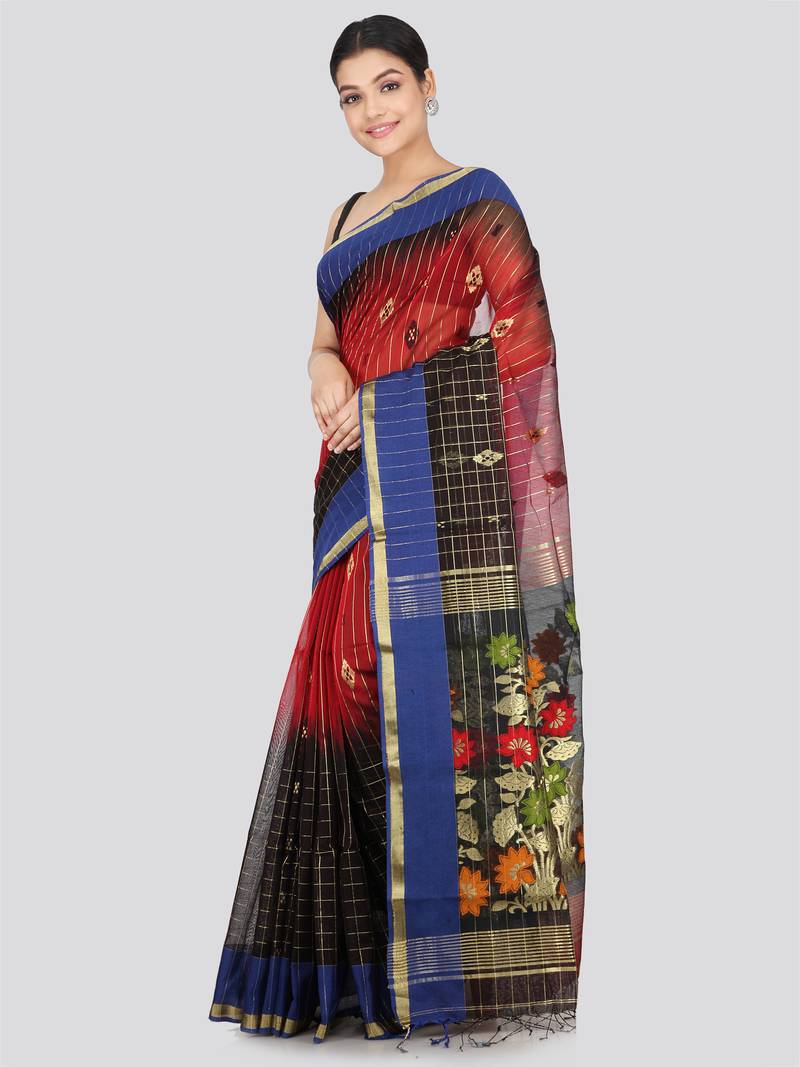 PinkLoom Women's  Red Hand_Woven Cotton-Silk-Sarees With Unstitched Blouse Piece