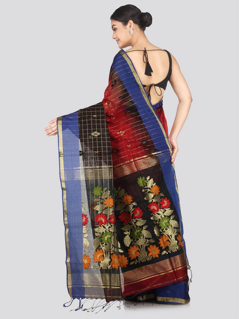 PinkLoom Women's  Red Hand_Woven Cotton-Silk-Sarees With Unstitched Blouse Piece