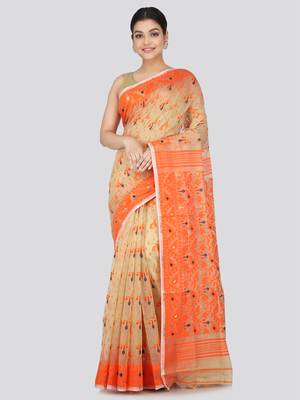 Pinkloom Women'S Beige Hand_Woven Soft Cotton Jamdani-Sarees Without Blouse Piece 1