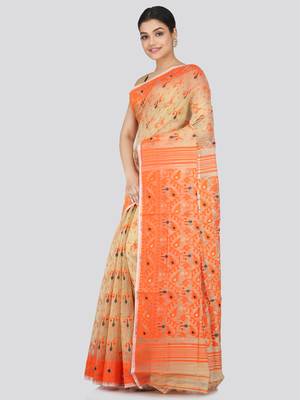 Pinkloom Women'S Beige Hand_Woven Soft Cotton Jamdani-Sarees Without Blouse Piece 2