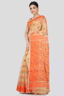 Pinkloom Women'S Beige Hand_Woven Soft Cotton Jamdani-Sarees Without Blouse Piece