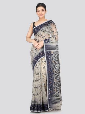 Pinkloom Women'S White Hand_Woven Soft Cotton Jamdani-Sarees Without Blouse Piece 1