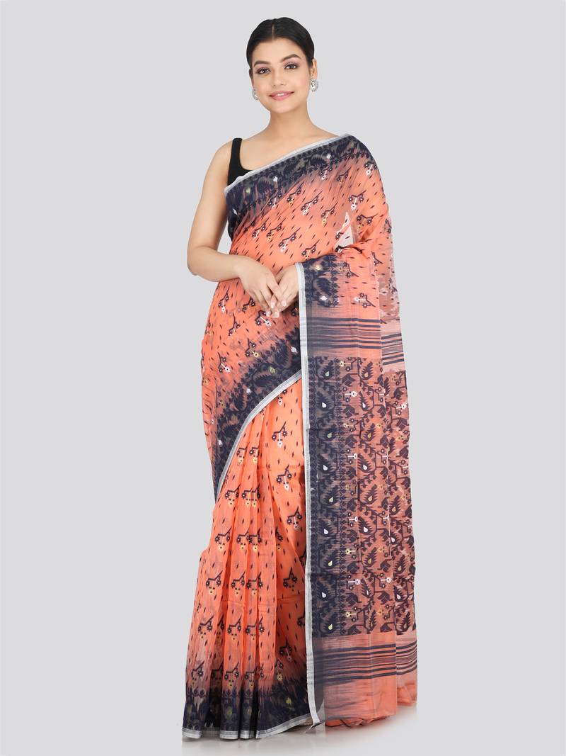 PinkLoom Women's  Peach Hand_Woven Soft Cotton Jamdani-Sarees Without Blouse Piece