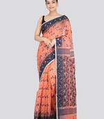 PinkLoom Women's  Peach Hand_Woven Soft Cotton Jamdani-Sarees Without Blouse Piece