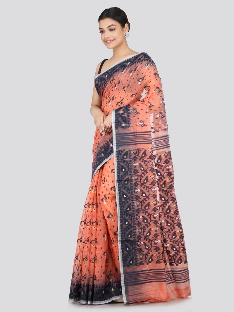 PinkLoom Women's  Peach Hand_Woven Soft Cotton Jamdani-Sarees Without Blouse Piece
