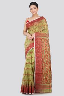 Pinkloom Women'S Green Hand_Woven Soft Cotton Jamdani-Sarees Without Blouse Piece