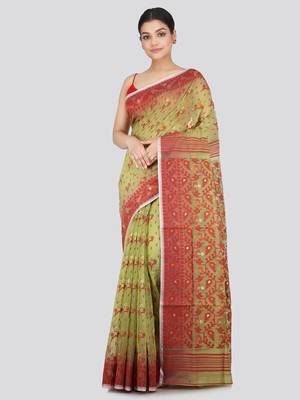 Pinkloom Women'S Green Hand_Woven Soft Cotton Jamdani-Sarees Without Blouse Piece 1