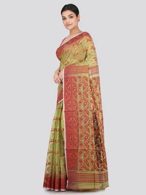 Pinkloom Women'S Green Hand_Woven Soft Cotton Jamdani-Sarees Without Blouse Piece 2