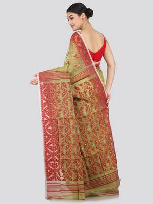 Pinkloom Women'S Green Hand_Woven Soft Cotton Jamdani-Sarees Without Blouse Piece 3