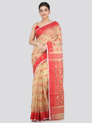 Pinkloom Women'S Beige Hand_Woven Soft Cotton Jamdani-Sarees Without Blouse Piece 1