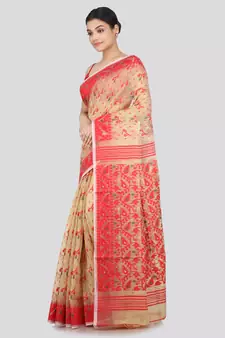 Pinkloom Women'S Beige Hand_Woven Soft Cotton Jamdani-Sarees Without Blouse Piece