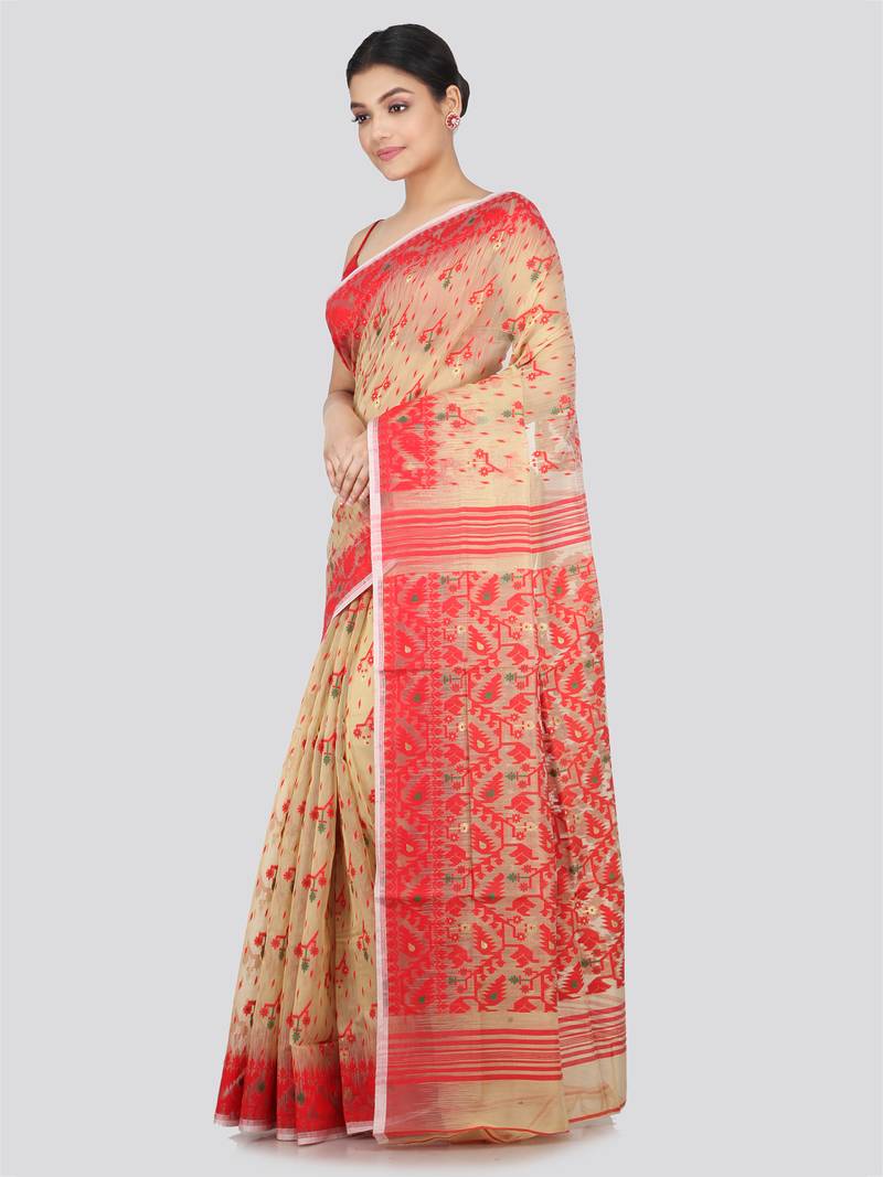 Pinkloom Women'S Beige Hand_Woven Soft Cotton Jamdani-Sarees Without Blouse Piece