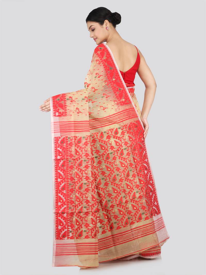 Pinkloom Women'S Beige Hand_Woven Soft Cotton Jamdani-Sarees Without Blouse Piece