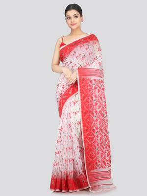 Pinkloom Women'S White Hand_Woven Soft Cotton Jamdani-Sarees Without Blouse Piece 1