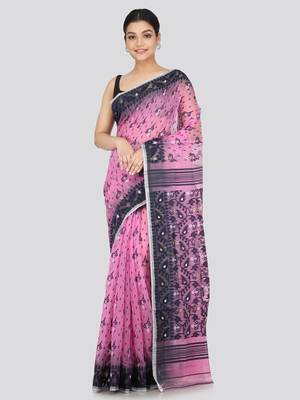 Pinkloom Women'S Pink Hand_Woven Soft Cotton Jamdani-Sarees Without Blouse Piece 1