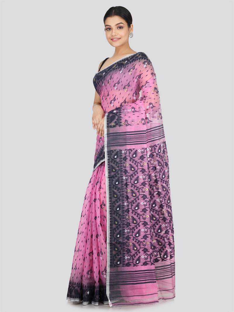 Pinkloom Women'S Pink Hand_Woven Soft Cotton Jamdani-Sarees Without Blouse Piece