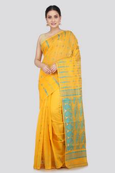 PinkLoom Women's  Yellow Hand_Woven Soft Cotton Jamdani-Sarees Without Blouse Piece