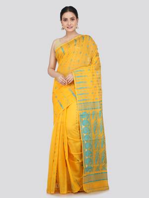 PinkLoom Women's  Yellow Hand_Woven Soft Cotton Jamdani-Sarees Without Blouse Piece 1