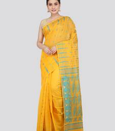 PinkLoom Women's  Yellow Hand_Woven Soft Cotton Jamdani-Sarees Without Blouse Piece
