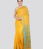 PinkLoom Women's  Yellow Hand_Woven Soft Cotton Jamdani-Sarees Without Blouse Piece