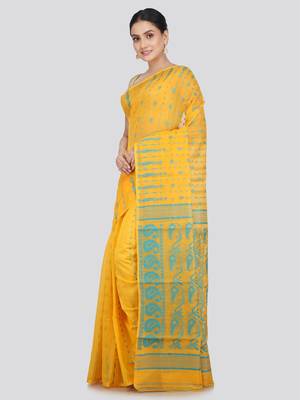 PinkLoom Women's  Yellow Hand_Woven Soft Cotton Jamdani-Sarees Without Blouse Piece 2