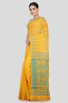 PinkLoom Women's  Yellow Hand_Woven Soft Cotton Jamdani-Sarees Without Blouse Piece