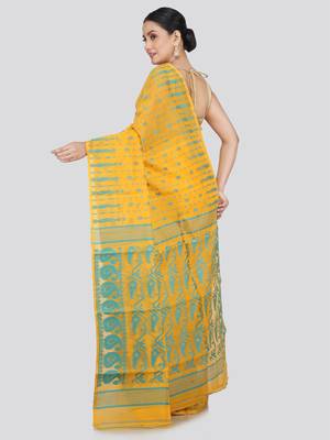 PinkLoom Women's  Yellow Hand_Woven Soft Cotton Jamdani-Sarees Without Blouse Piece 3