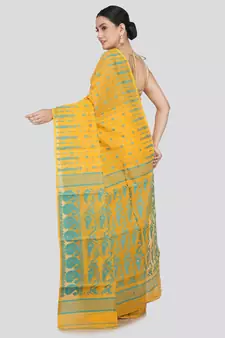 PinkLoom Women's  Yellow Hand_Woven Soft Cotton Jamdani-Sarees Without Blouse Piece