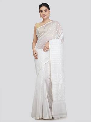 Pinkloom Women'S White Hand_Woven Soft Cotton Jamdani-Sarees Without Blouse Piece 1