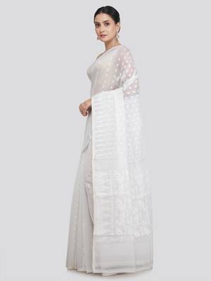 Pinkloom Women'S White Hand_Woven Soft Cotton Jamdani-Sarees Without Blouse Piece 2