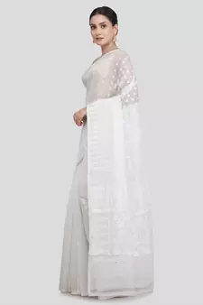 Pinkloom Women'S White Hand_Woven Soft Cotton Jamdani-Sarees Without Blouse Piece