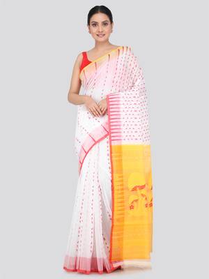 Pinkloom Women'S White Hand_Woven Soft Cotton Jamdani-Sarees Without Blouse Piece 1