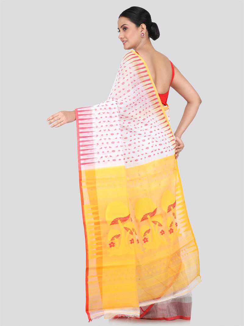 Pinkloom Women'S White Hand_Woven Soft Cotton Jamdani-Sarees Without Blouse Piece