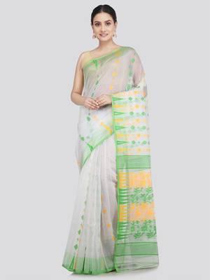 Pinkloom Women'S White Hand_Woven Soft Cotton Jamdani-Sarees Without Blouse Piece 1