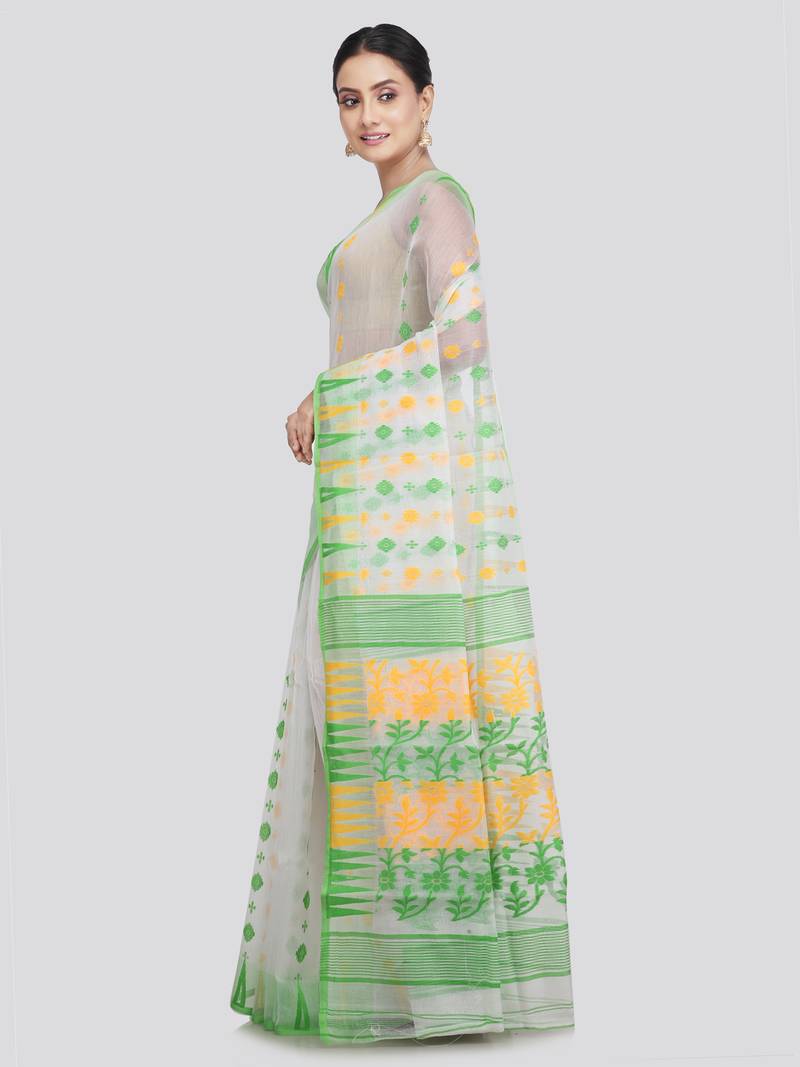 Pinkloom Women'S White Hand_Woven Soft Cotton Jamdani-Sarees Without Blouse Piece