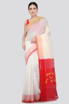 Pinkloom Women'S White Hand_Woven Soft Cotton Jamdani-Sarees Without Blouse Piece