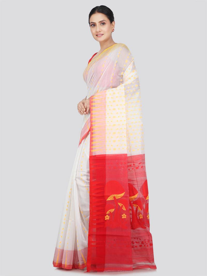 Pinkloom Women'S White Hand_Woven Soft Cotton Jamdani-Sarees Without Blouse Piece