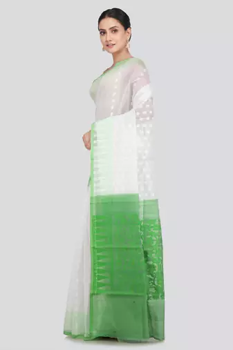 Pinkloom Women'S White Hand_Woven Soft Cotton Jamdani-Sarees Without Blouse Piece