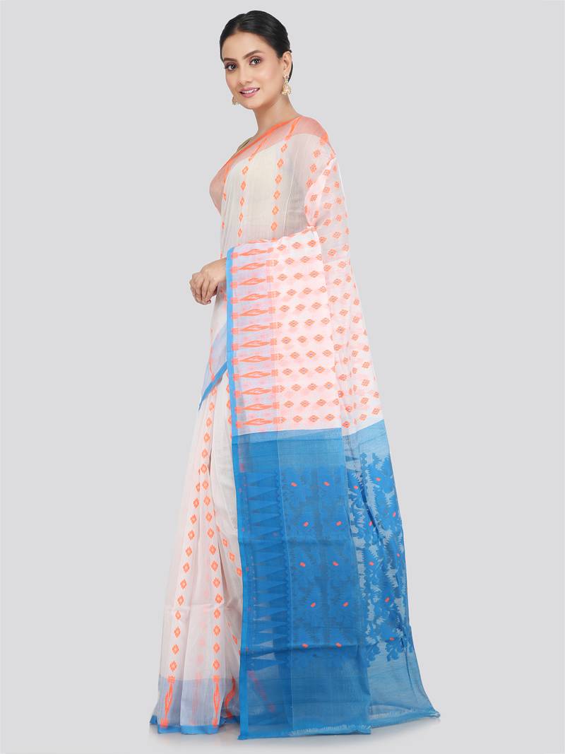 Pinkloom Women'S White Hand_Woven Soft Cotton Jamdani-Sarees Without Blouse Piece